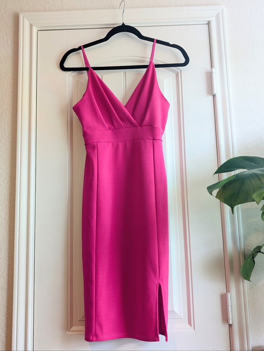 Hot Pink Spaghetti Strap Midi Dress with Side Slit